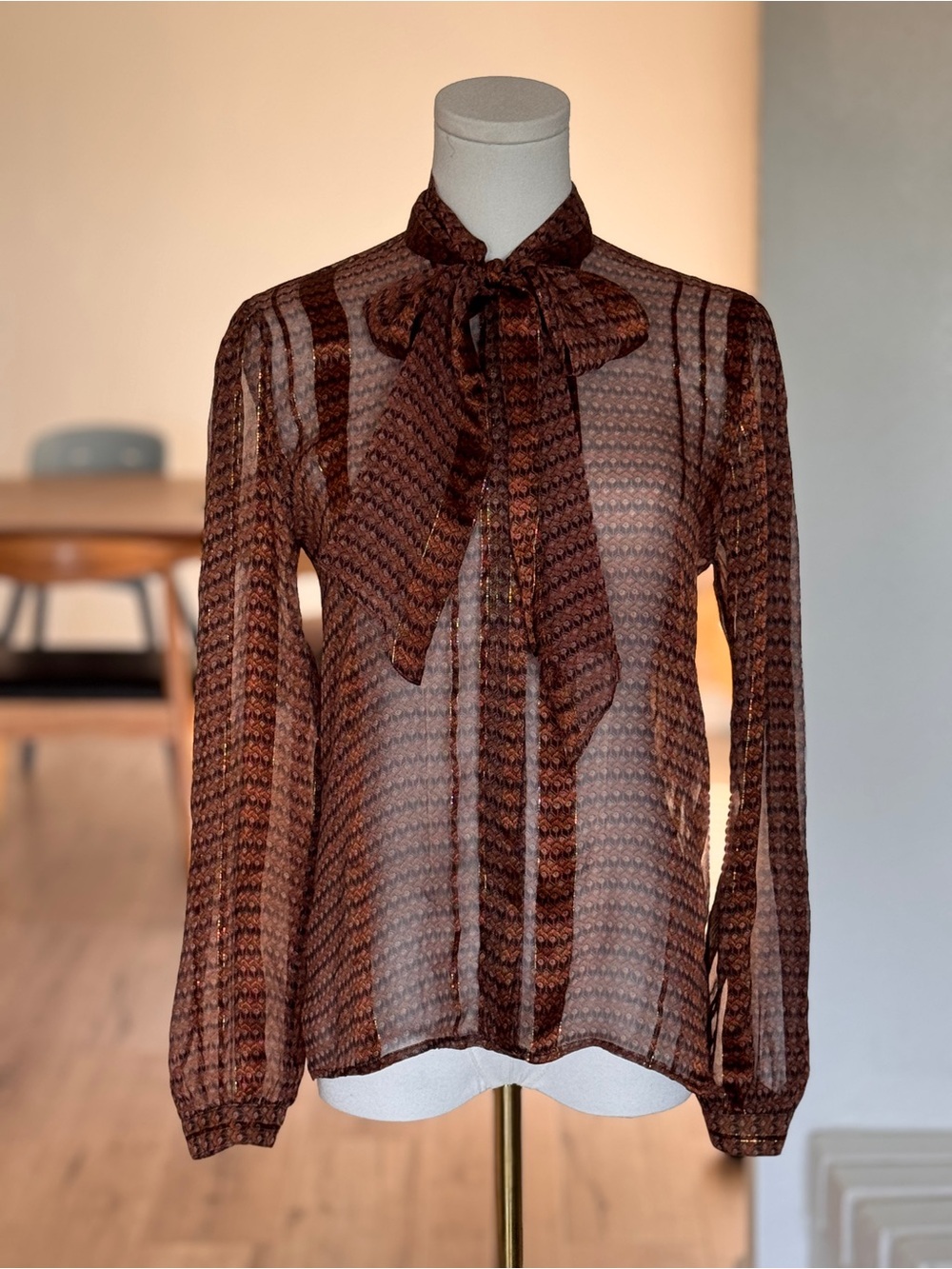 Vintage 100% Silk Tie Neck Blouse Metallic Sheer Secretary Top Size 8